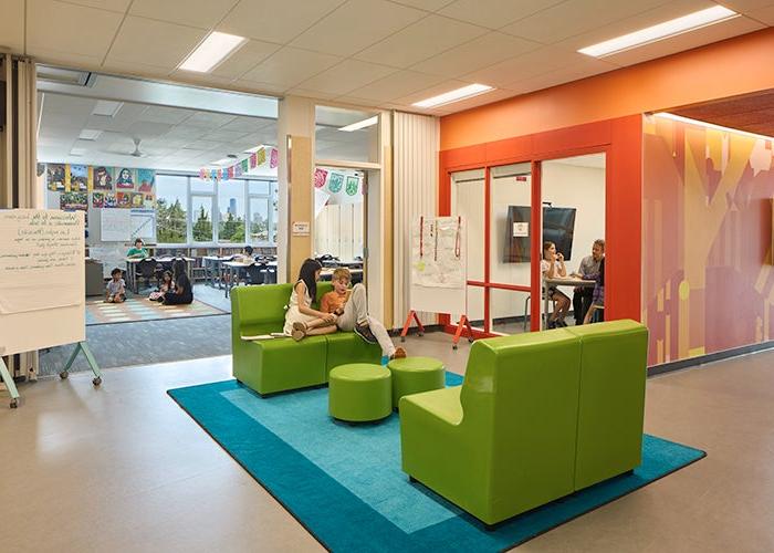 learning commons between two classrooms with large door open to classroom